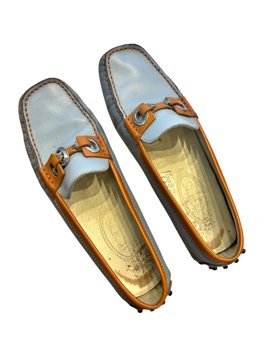 TOD’S women Two-Tone Leather Loafers in Light Blue and Tan
